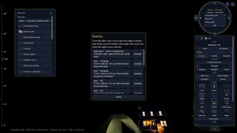 The Events list in Night Atlas for Newton, Kansas, showing Saturn at opposition on 9 October 2026 and passes of Tiangong and the ISS.