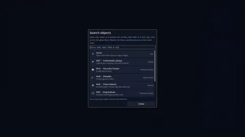 Search objects in Night Atlas, with Sirius, the Andromeda Galaxy, the Hercules Cluster, the Pleiades, the Orion Nebula, and the Ring Nebula.
